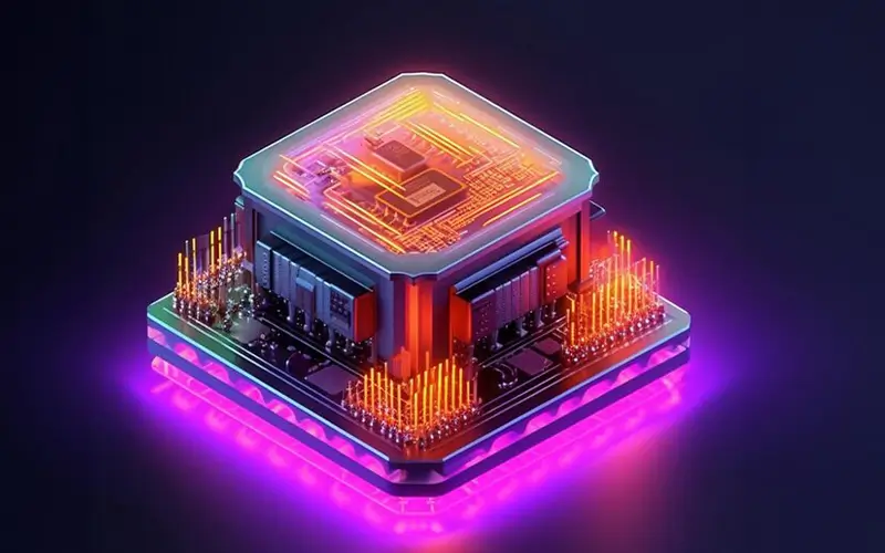 A detailed view of a graphics processing unit (GPU) chip